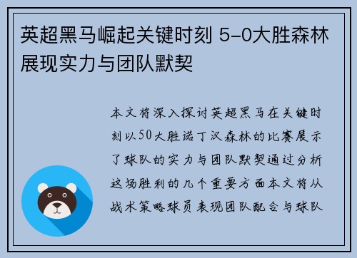 英超黑马崛起关键时刻 5-0大胜森林展现实力与团队默契