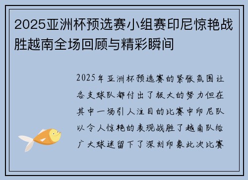 2025亚洲杯预选赛小组赛印尼惊艳战胜越南全场回顾与精彩瞬间
