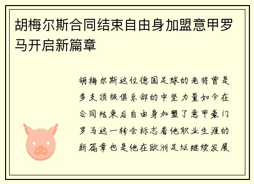 胡梅尔斯合同结束自由身加盟意甲罗马开启新篇章